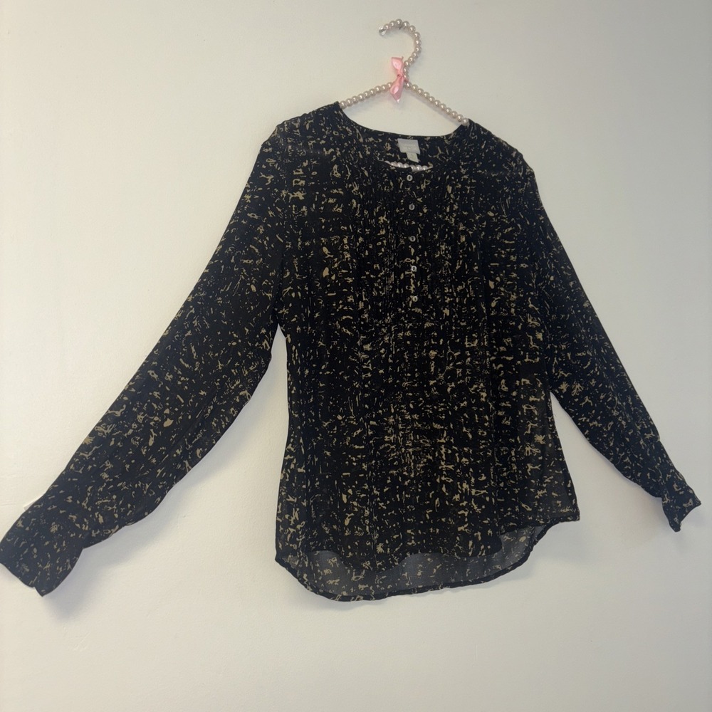 Converse One‎ Star Womens Large Black Tan Abstract Pintuck Button Front Blouse